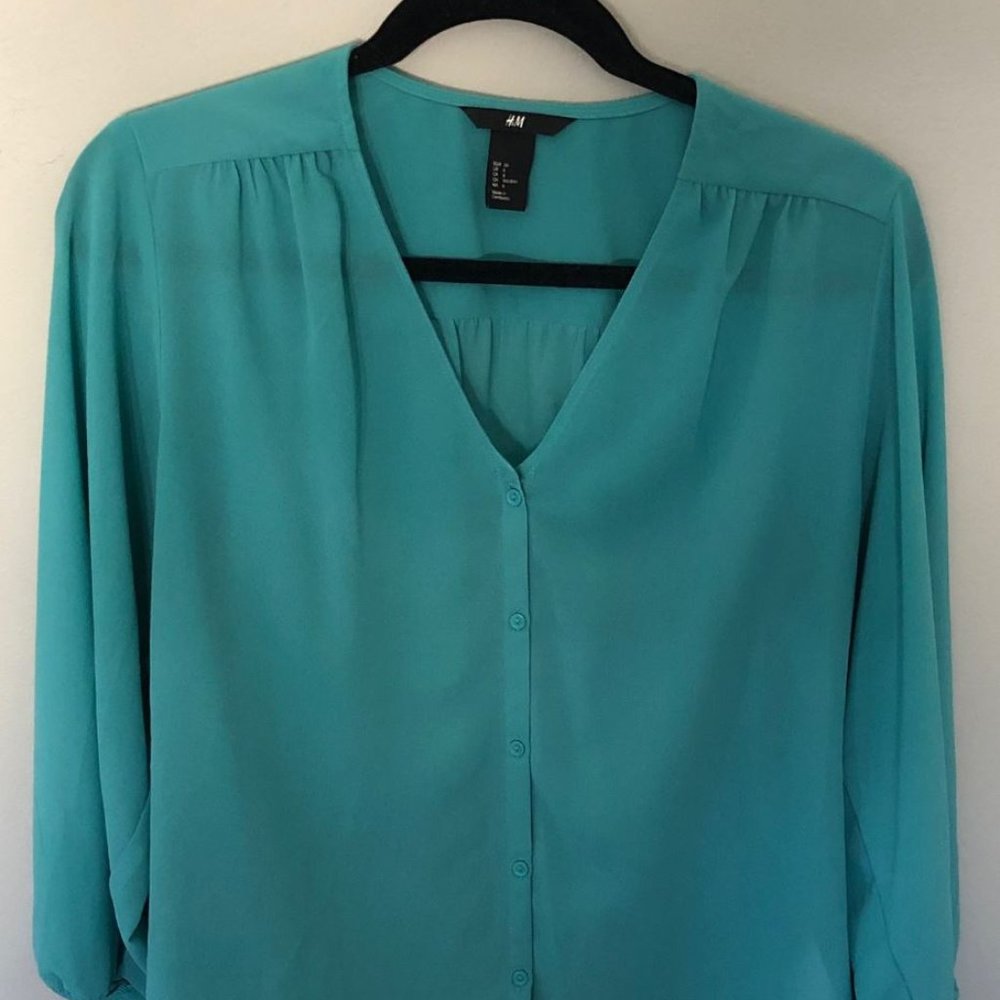 Aqua flowy button down blouse